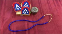 SMALL METAL CAN, BEADED NECKLACE & 3 A5 PATCHES