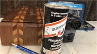 Wooden Box, Intex Air Pump, Quicksilver Can &