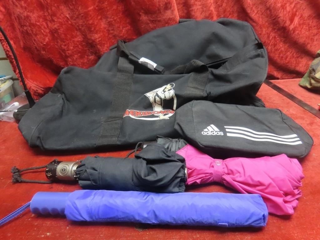 Taekwondo bag, umbrellas.