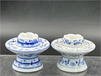 Vintage Blue White Ceramic Candle Holders 1 3/4"