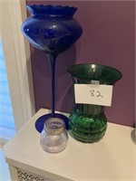 Cobalt, green and amethyst colored glass items