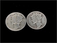 Pair of Vintage 10C Mercury Silver Dime Coins -