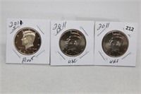 (3) Kennedy Half Dollars 2011 P,D BU and S Proof