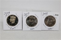 (3) Kennedy Half Dollars 2014 P,D BU and S Proof