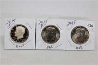 (3) Kennedy Half Dollars 2015 P,D BU and S Proof