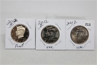 (3) Kennedy Half Dollars 2012 P,D BU and S Proof