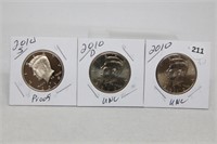 (3) Kennedy Half Dollars 2010 P,D BU and S Proof