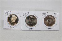 (3) Kennedy Half Dollars 2013 P,D BU and S Proof
