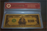 24K Gold Foil $10,000 Novelty Bank Note w/ COA