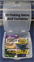 Lot of 20 Fishing Items Includes Container