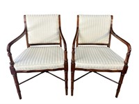 2 MAHOGANY FAUX BAMBOO UPHOLSTERED ARM CHAIRS