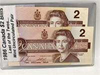 CANADA TWO DOLLAR BILLS CONSECUTIVE NUMBERED PAIR