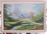 Framed oil on canvas, bridge over creek