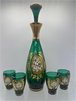 Green enamel glass decanter and cordials