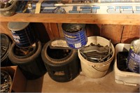 bottom shelf contents, 5 buckets of bolts and misc