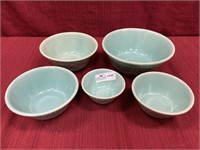 Set of 5 pottery mixing bowls. Some losses.