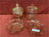 4 pieces of pink depression glass items. Biscuit