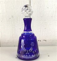 10" Blue Cut to Clear Glass Decanter