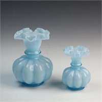 Two vintage Mid Century blue ruffled top vases