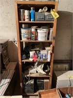 Wood Cabinet with Paints, Toolboxes, Caulks