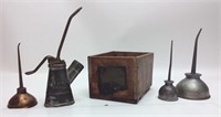 4 VINTAGE OIL CANS, TOBACCO BOX