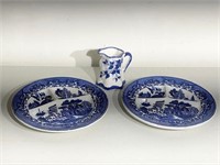 Blue & White Divided Plates & Pitcher