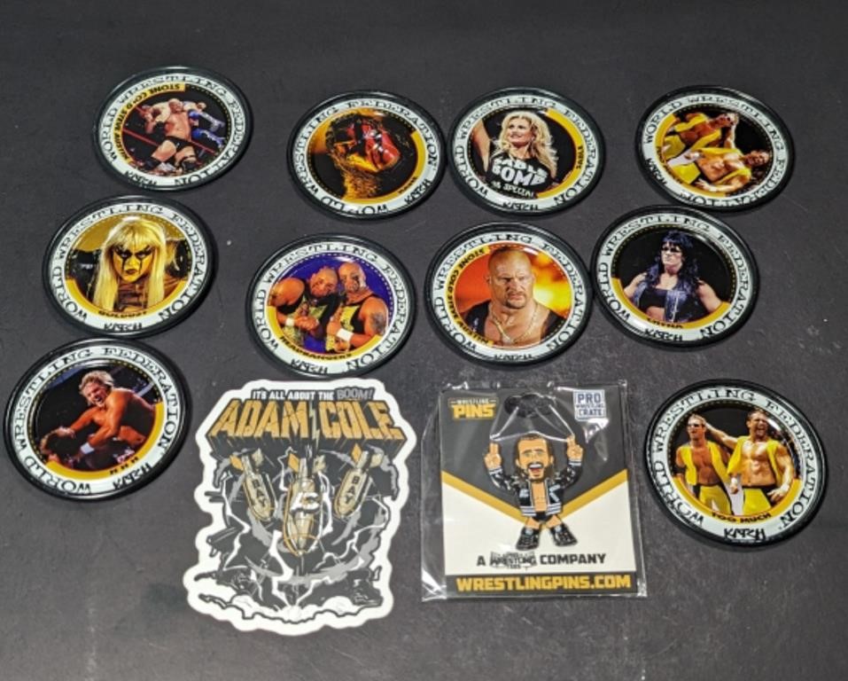 10 x Katch Wrestling Medallions, Sticker and Pin