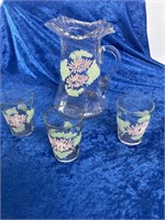 Vtg Hand painted pitcher & 3 glasses