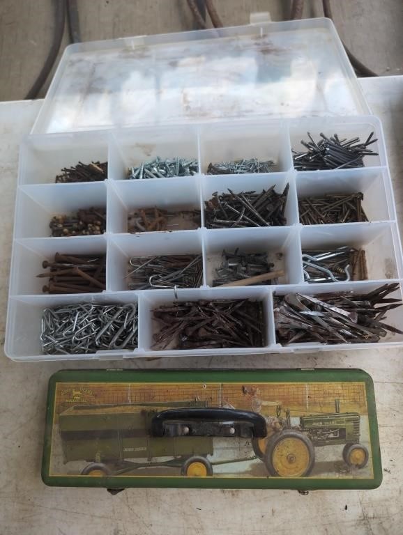 Bin w nails, screws, etc and small tin John Deere