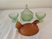 3 pcs green depression glass, half a chicken on a