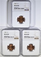1939, 40 & 50-D LINCOLN CENTS, NGC MS-66 RED
