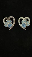 Sterling silver blue paw print in heart earrings,