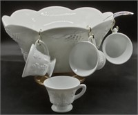(F) Milk Glass Grapevine punch bowl with ladle