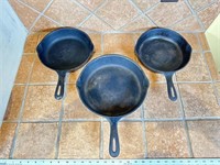 (3) unmarked Wagner cast-iron pans #5-6-8