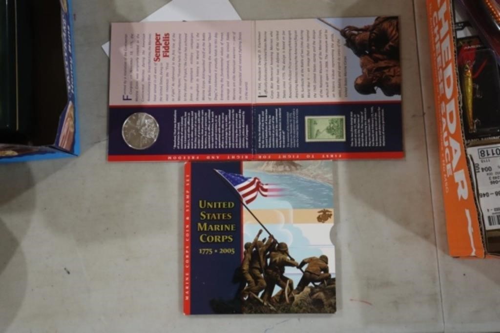 USMC 2005 P 90% SILVER DOLLAR & STAMP SET