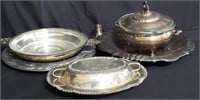 Silver plate trays and tureen