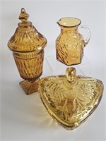 VTG AMBER GLASS LOT-PILGRIM PITCHER,CANDY DISH,VAS