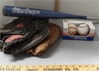 Baseball gloves, tee ball bat, and baseballs