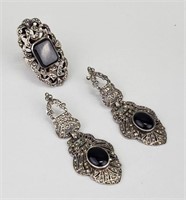 Sterling Silver & Onyx Earring & Ring Set.