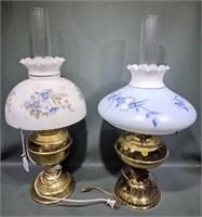2 BRASS ANTIQUE OIL LAMPS W/ HARD PAINTED SHADE