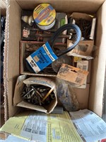 Two boxes with drill, bits, fishing line, fan