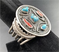 NAVAJO SILVER CORAL AND TURQUOISE CUFF