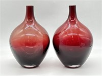 Vintage Pair of Ruby Red 8" Handblown Glass Vase