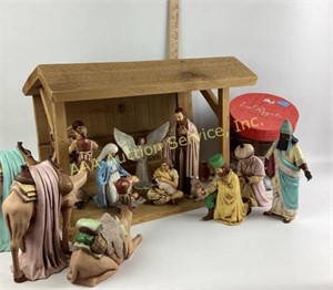 Nativity Scene with Ceramic Painted Sculptures,