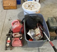 Hydraulic Floor Jack, 3 Gas Cans, Tub & Contents,