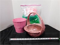 pink basket, pink metal bucket, false grass