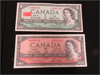 1954 Can $1 and $2 bills