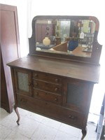 OAK BEVELED MIRRORED BACK SIDEBOARD