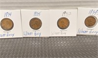 1934, 1935, 1937, 1939 S wheat pennies.