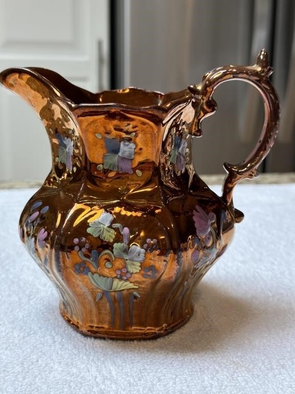 1800s antique copper luster over ceramic, pitcher